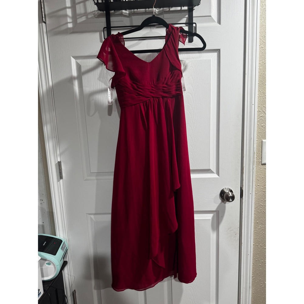 Azazie Junior Bridesmaid Dress Burgundy Red Chiffon V-Neck Flutter Sleeve J8